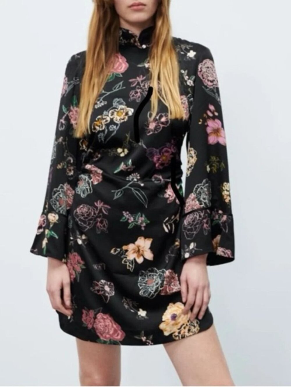 Zara Kimono Style Satin Shanghai Long Sleeve Floral Mini Dress Black Combo XL